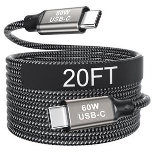 20FT USB C Cable 60W, Extra Long USB C to USB C Cable, Type C Charger Fast Charging Cord, Compatible with iPhone 17 16 15 Pro Max Plus, Samsung Galaxy, Pixel, iPad Pro/Air, MacBook Pro/Air