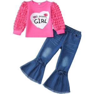 Kucnuzki Toddler Girl Clothes Cute Kids Clothes Long Sleeve Shirts Top Bell Bottom Denim Jeans Pants 2 Piece Matching Outfits (7-8 Years, Rose)
