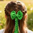 Green Hair Bows Shamrock Clips with Long Spiral Tassels, 2PCS | Curly Ribbon, Clover Hairpins for Girls Women St Patrick's Day Hair Accessories Party Decor Holiday Cheerleader Outfit
