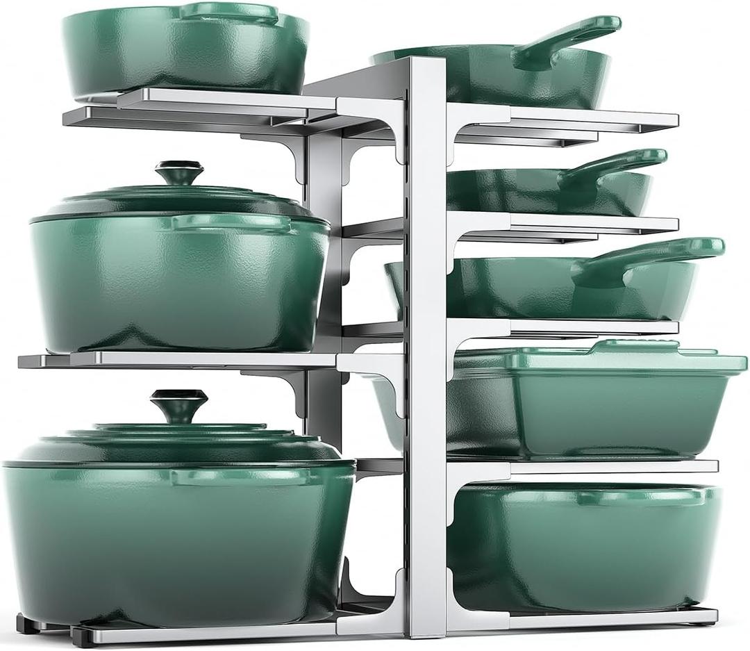 MUDEELA 8-Tier Pots and Pans Organizer under Cabinet, 15.83" Height Heavy Duty Pot Pan Organizer Kitchen Cabinet Organization and Storage, Adjustable Pot Rack for Frying Pan, Cast Iron Skillet, Sliver