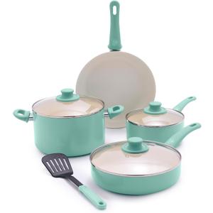 GreenLife Soft Grip 8 Piece Cookware Set, Non-Toxic PFAS-Free Ceramic Nonstick, Frying, Sauce, Saut, Utensils, Glass Lids, Stay-Cool Handles, Wobble Free, Dishwasher & Oven Safe, Turquoise (8 Piece Cookware Set, Turquoise)