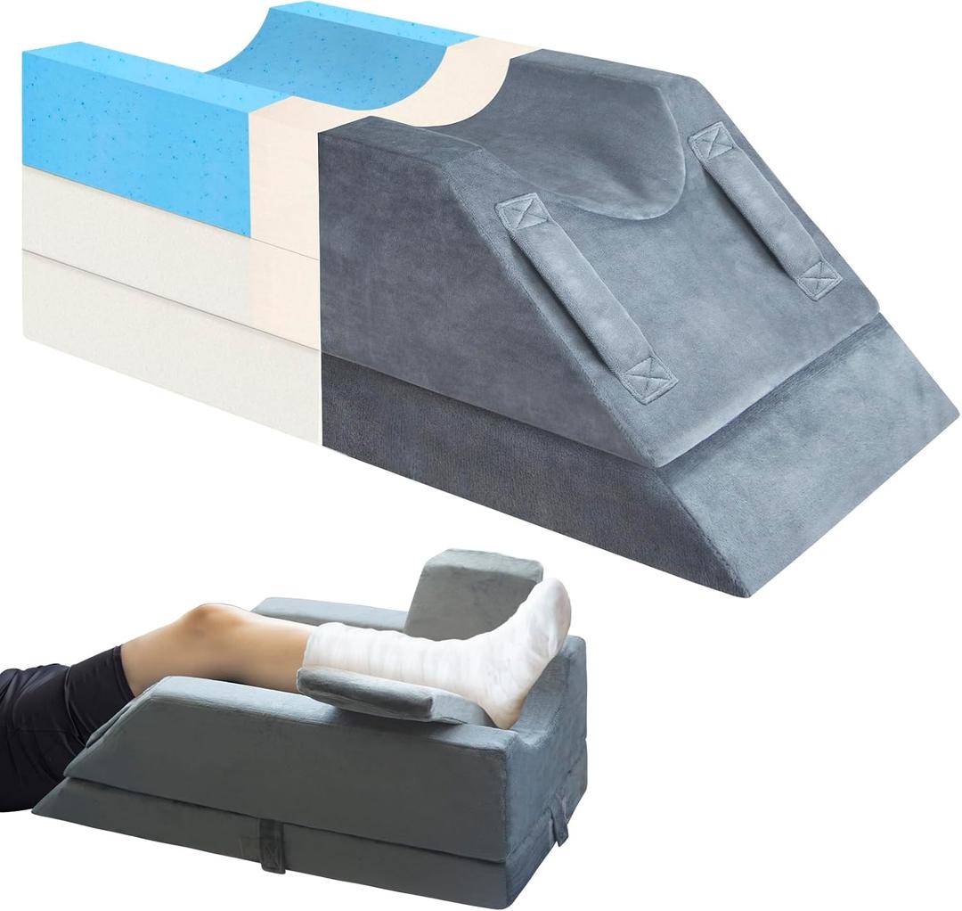 KingPavonini 4-Height Adjustable Leg Elevation Pillows for After Surgery, Injuries, or Rest, Memory Foam Leg Pillows for Sleeping with 3 Handles and Insert Pad, Washable Velvet Cover, Single Leg