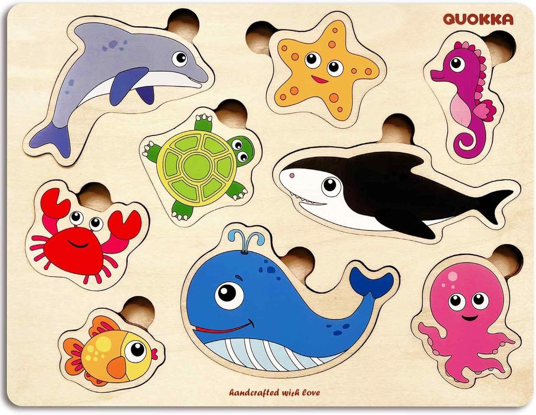 QUOKKA Wooden Puzzles for Toddlers 1-2  4 Set Pegged Puzzles for Kids Ages 1-2  Animal Sea Learning Toy for Kids  Gift Realistic Educational Game for Boy and Girl