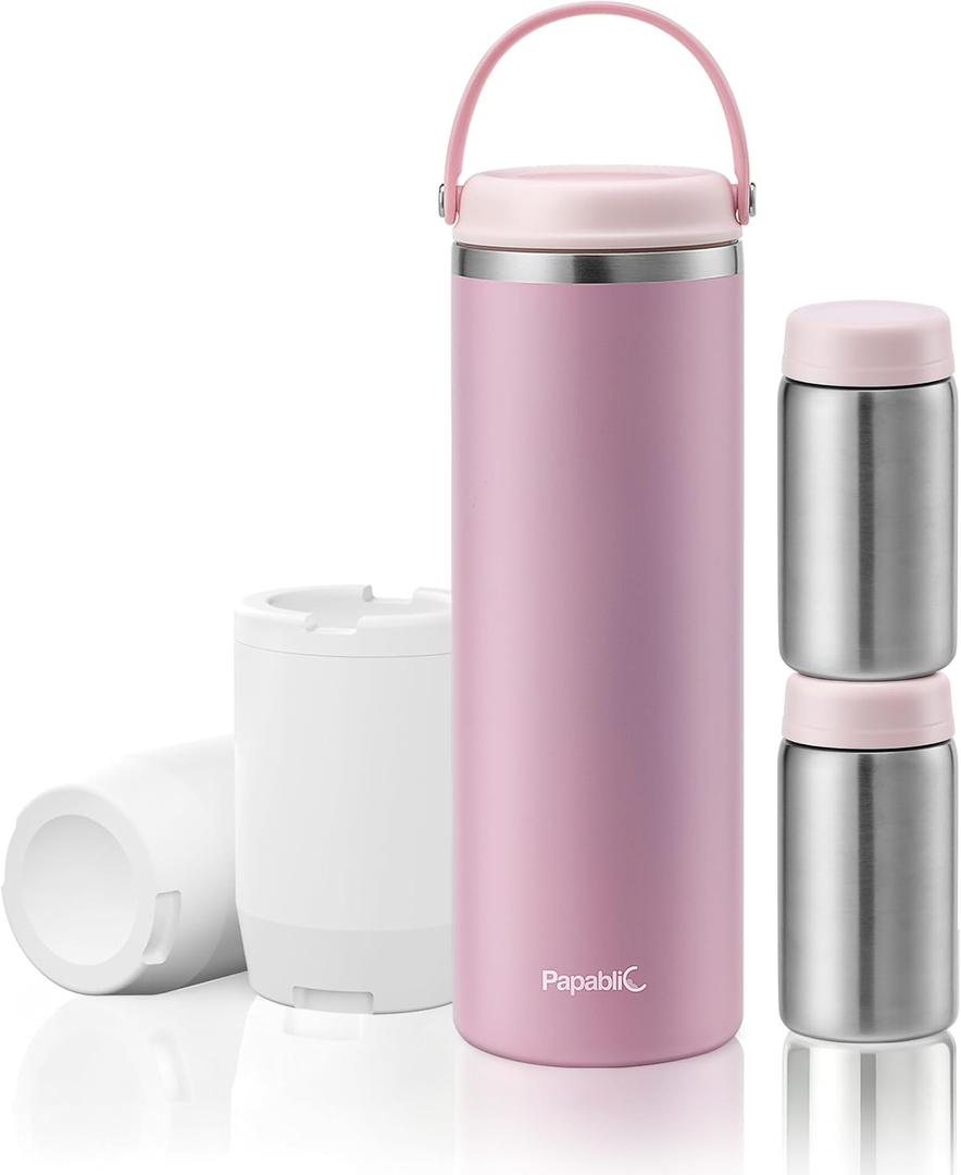 Papablic 360 CapsuleChill Breastmilk Cooler for 36H Safe Storage, Stress-Free Portable Breast Milk Chiller for Working Mom, 20oz Travel Cooler with 2pcs Stainless Steel Baby Bottles, Sakura Pink