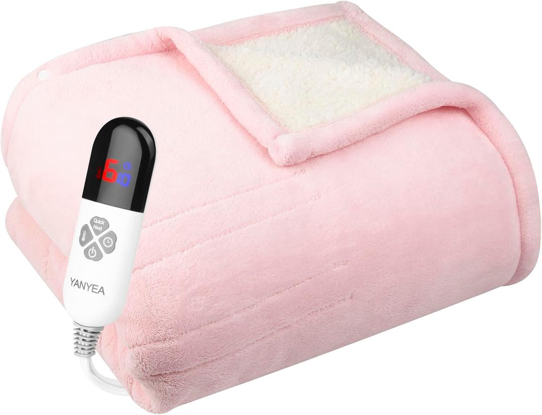 YANYEA Electric Heated Throw Blanket Sherpa 50"x60" Pink Machine Washable 6 Heat Settings 4 Hours Auto Off Overheat Protection for Home Office Use