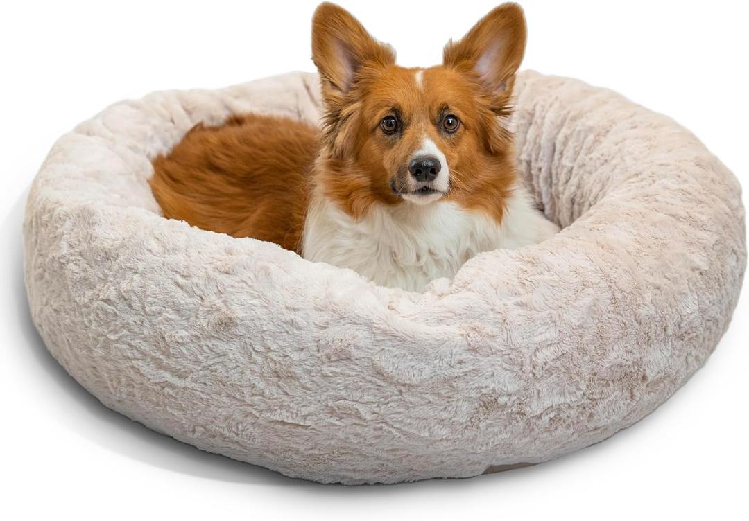 Best Friends by Sheri Original Calming Donut Dog and Cat Bed, Lux Faux Fur, Oyster, (30in x 30in) - Anxiety Relief for Pets Up to 45 lbs (Medium)