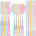 150 Pcs Pastel Plastic Silverware Heavy Duty Iridescent Utensils Plastic Pastel Silverware Disposable Includes 50 Forks 50 Knives 50 Spoons for Easter, Birthday, Baby Shower, Garden Party, Wedding