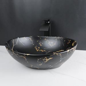 OUBONI Black Marbling Pattern Vessel Sink with Waterfall Faucet and Pop-Up Drain Combo17"×14"Oval Ceramic Bathroom Sink Above Counter