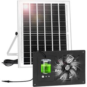 Solar Powered Fan with Battery Run Day/Night, 15W Solar Fan for Chicken Coop with 16.4Ft Cable,3/6H Timer, Waterproof Greenhouse Fans for Shed, Chicken Coop,Ventilation (Black-1Pack)