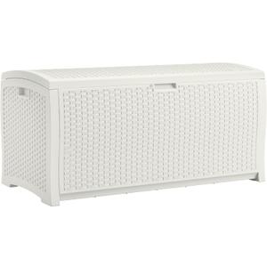 Suncast 99 Gallon Wicker Horizontal Outdoor Deck Box with Hinged Lid, Water-Resistant Storage Solution for Patio, Deck, Yard, and Garage, White, Made in the USA
