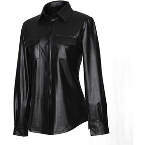 Sorrica Womens Sexy Shiny Metallic PU Faux Leather Nightclub Styles Long Sleeves Button Down Shirts Top (Large, Black) Sorrica Womens Sexy Shiny Metallic PU Faux Leather Nightclub Styles Long Sleeves Button Down Shirts Top (Large, Black)
