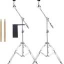 2 Pack Boom Cymbal Stand + Drum Sticks Holder + Two Pair of 5A Drum Sticks, Adjustable Cymbal Stand With Counterweight Adapter for Heavy Duty Mounting Crash, Ride, Splash Cymbals, Double Braced Legs