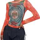 Women Mesh Printed Crop Top Shirt Long-Sleeved Slim Cool T-Shirts Modern Punk Street Tops (X-Small)