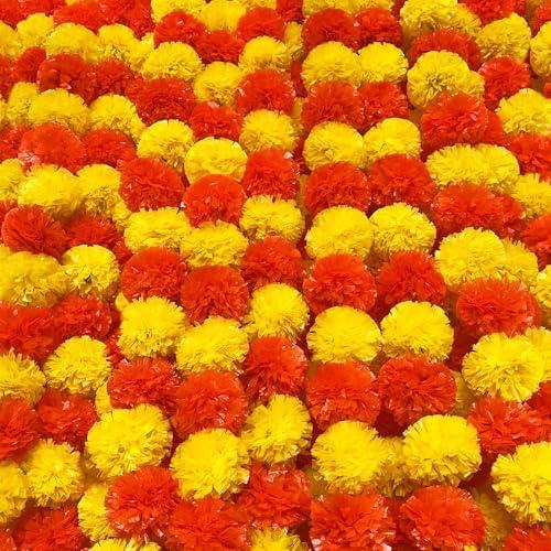 TWITTOOLS 4 Pcs Long Marigold Garland for Decoration, 5 Feet Artificial Yellow Red Marigold Flowers Indian Pooja Diwali Home Wedding Mantle Decor
