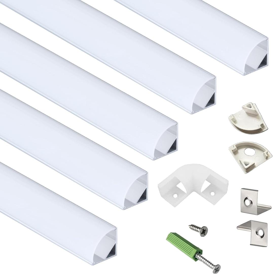 THMOOTHER 5-Pack 3.3FT 1Meter V Shape LED Strip Aluminum Channel Diffuser System, Extruded Alu Track Milky Cover with Corner Connector and Mounting Kit,Easy Cut and Installed Curved Lens Profile