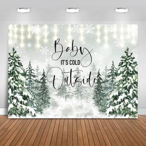 Fitumiw Baby It's Cold Outside Backdrop 7x5ft Snowy Forest Photography Background Winter Baby Shower Party Decorations Winter Wonderland Snowflakes Banner Photo Booth Props (Green)