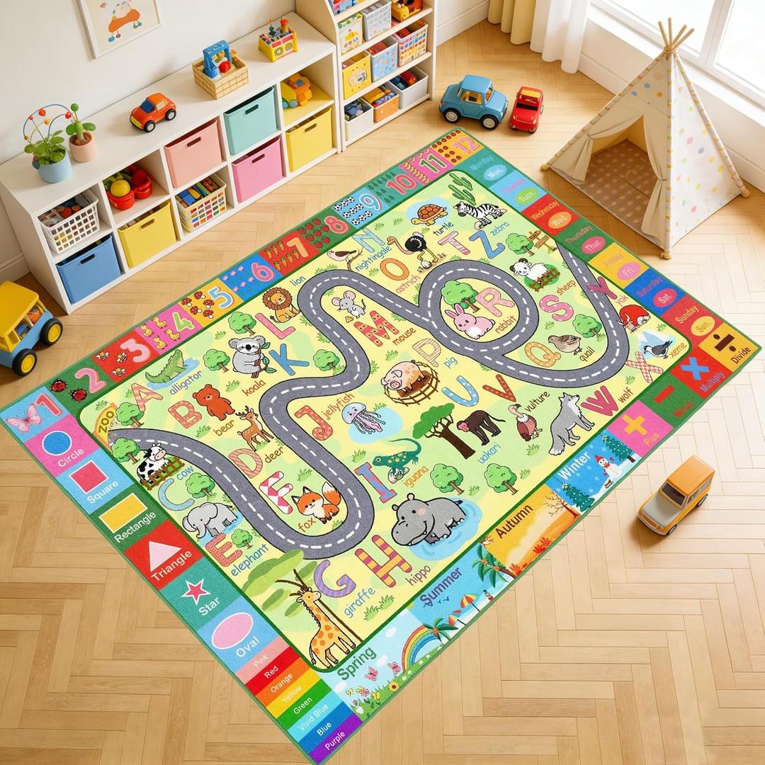3x5 Feet Educational Area Rug Kids Rugs for Playroom with Alphabet Numbers Shapes Animals Learning Carpet for Bedroom Nursery Classroom Boys Girls Toddler Baby Non Slip Floor Mat