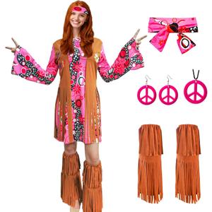 ATAMET 60s 70s Outfits for Women Hippie Costume Disco Dress,Halloween Party Dress Set (X-Large)