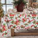 SASTYBALE Christmas Tablecloths Rectangular, Jacquard Table Cloth Printed with Jingle Bells & Holly Leaves, Stain Resistant Table Cover for Holiday Party Picnic Dinner Decor (Rectangle, 60" x 120")