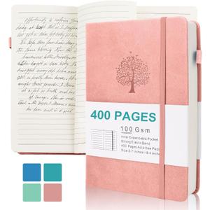 Journals for Writing, A5 Leather Ruled Notebook with 400 Pages, 100 Gms College Ruled Journal with Thick Paper, Hardcover with Inner Pocket & Pen Holder, Pink