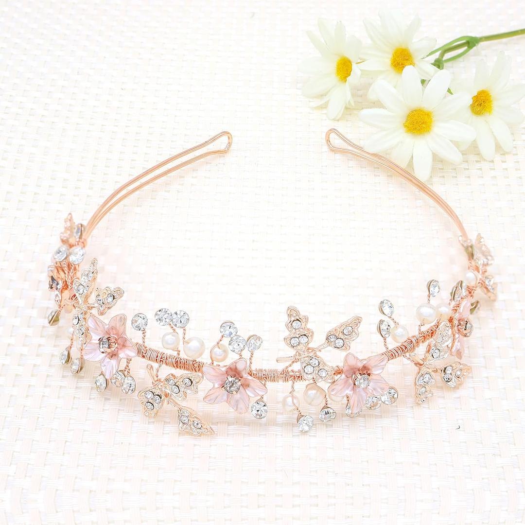 Oriamour Rose Gold Flower Girl Headband With Crystal Rhinestone Princess Teen Girls Headpiece For Birthday, Wedding, Photography