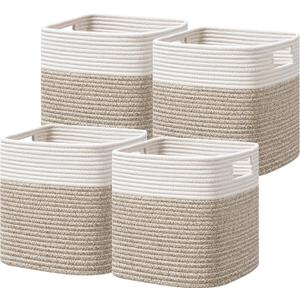 UBBCARE Set of 4 Storage Basket-12 X 12 X 12 in, Cotton Rope Basket for Shelves, Toys, Book, Cube Storage Bins with Handles, Woven Storage Basket for Organizing, White Brown