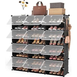 ROJASOP Portable 8-Tier Shoe Cabinet - 48-Pair Shoe Organizer with Expandable, Free Standing, Stackable Space Saving Design and 2 Exclusive Versatile Hooks for Bedroom (3 By 8 Black)