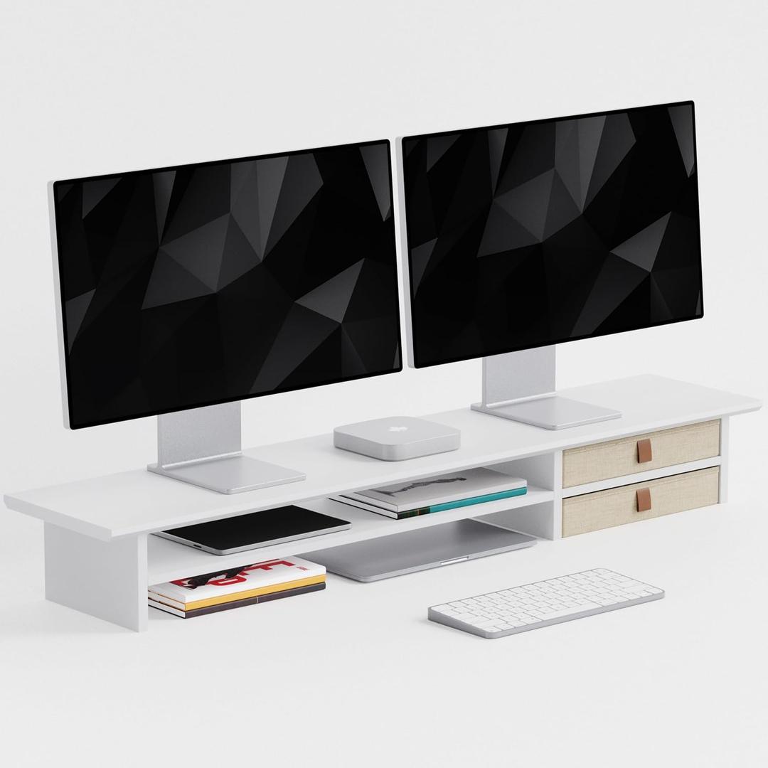 FENSULN Dual‑Tier Monitor Stand Riser with Drawers, Desktop Organizer Shelf Storage for Computer Screen 2 Monitors, Supports for PC Computer Monitor, Printer, Heavy TV Riser White
