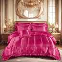 Bedding_Dreamer Queen Size Satin Bed in a Bag Hot Pink Bedding Set Silk Like Silky Comforter Set Sexy Silky Sheet Set Luxury Hotel Room Decor Womens Girly Bed Sets Ruffled Gothic Down Comforter 8 Pcs