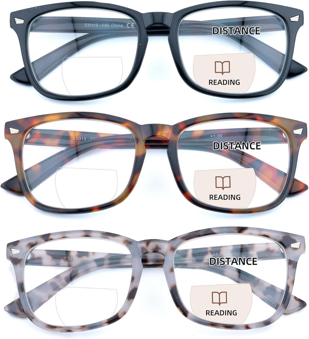 3 Pack Bifocal Reading Glasses for Women Men Bi-focal Readers PC Frame Fixed Hinge Dual Focal Clear Top Eyewear,+1.50