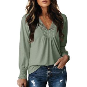 Dokotoo Womens Tops Ladies Fall Long Sleeve Shirts for Women V Neck Solid Loose Fit Casual T Shirts 2026 Fashion Tee Tunic Tops and Blouses Business Outfits Clothes Green L (Green, L)