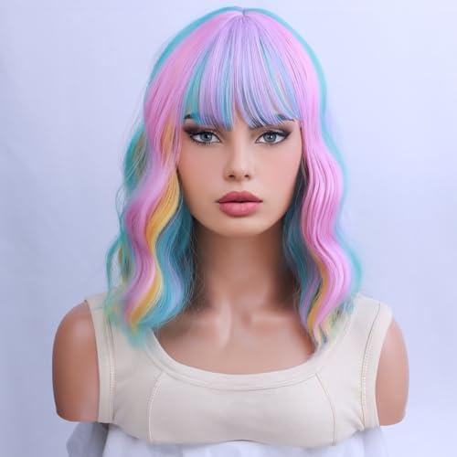 WTHCOS Rainbow Wigs for Women Short Curly Wavy Multi Color Wig for Girls Short Bob Wig With Bangs Heat Resistant Synthetic Wigs for Cosplay Costume Party (Colorful Wig)