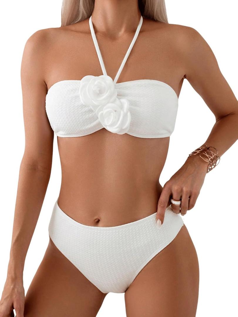 SHENHE Women's 2 Piece Halter Swimsuit 3D Flower Appliques Bandeau Tummy Control Bikini Set (Small, White)