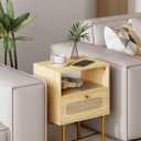 Leomonio Nightstand, Modern Beside Table with Storage Drawer and Open Wood Shelf, Small End Side Table with Glass Decorative Door and Gold Frame, for Living Room, Bedroom (Oak-4)