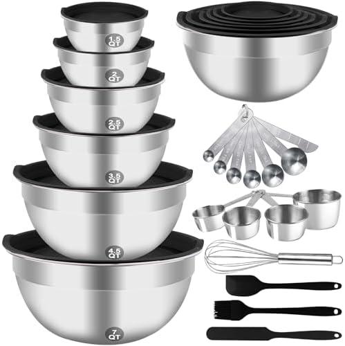 WEPSEN Mixing Bowls Set, 27PCS Stainless Steel Mixing Bowl with Lid Set, Large Nesting Bowls 7, 4.5, 3, 2.5, 2, 1.5QT, Measuring Cups and Spoons Baking Utensils Metal Bowl for Kitchen Prep