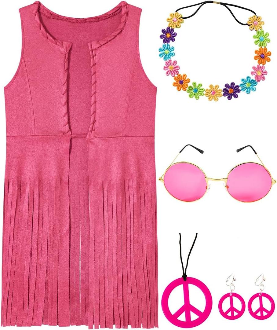 Daddy's New Fishing Buddy Girls Kids 60s 70s Outfits Disco Hippie Costume Fringe Vest Set (Pink)