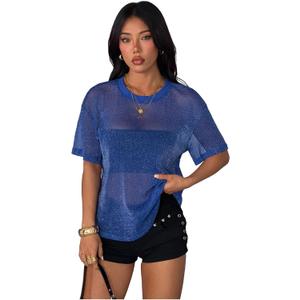OYOANGLE Women's Sparkly Glitter Rave Concert Outfits Going Out Top Short Sleeve See Through Blouse Mesh Shirt (Blue, M)