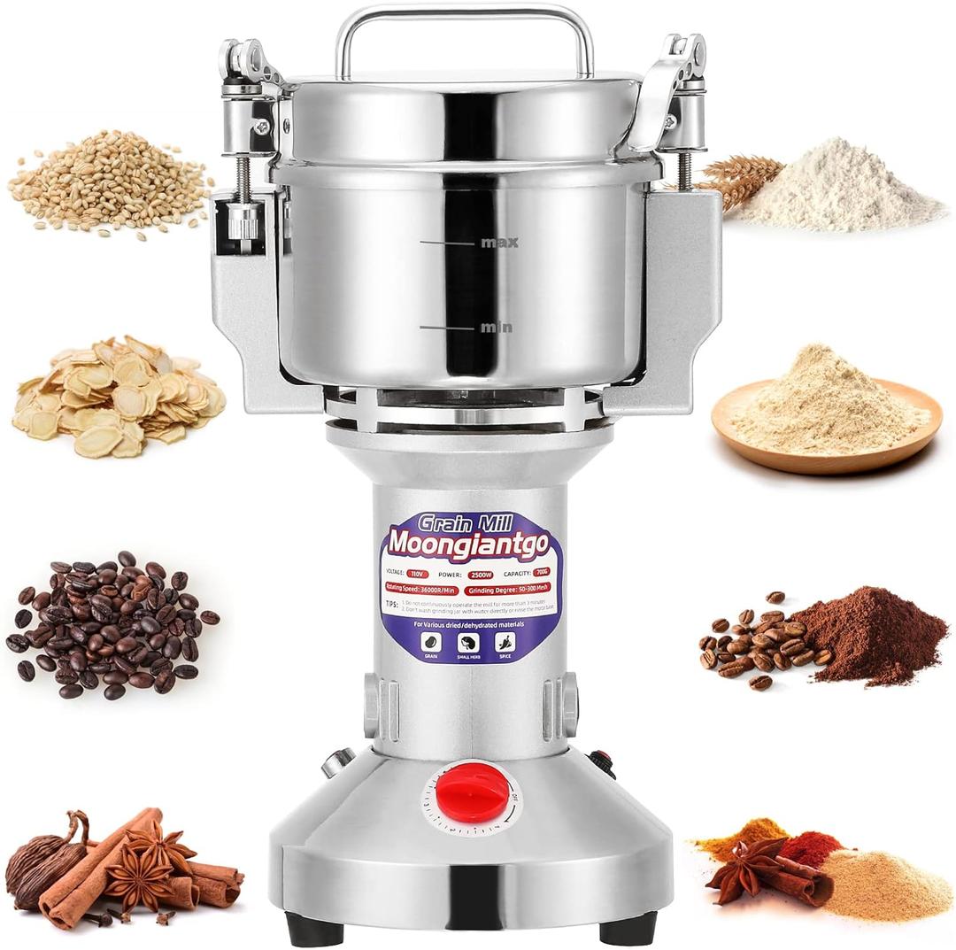 Moongiantgo Grain Mill Grinder Electric 500g Commercial Spice Grinder 2500W Stainless Steel Pulverizer Dry Grinder Grinding Machine (500g Upright, 110V) (Silver)