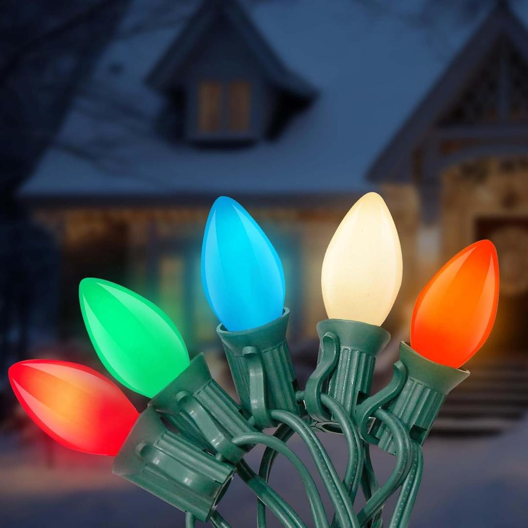 Romasaty C7 Christmas Lights Outdoor, 25Ft Vintage Christmas String Lights with 27 Multicolor Ceramic Bulbs, Hanging Christmas Decorations Lights for Roofline House Garden Patio Backyard Party-Green