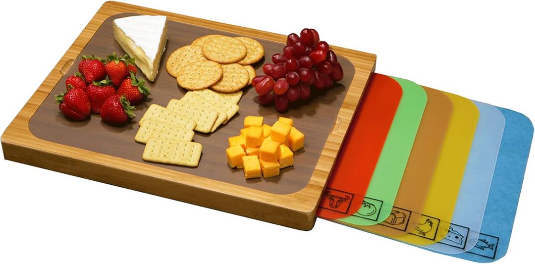 Seville Classics Bamboo Premium Wood Cutting Board Serving Tray w/ 7 Color-Coded BPA-Free Mats, for Chopping Bread, Cheese, Fruits, Vegetables, Meats, Charcuterie (PATENTED), Bamboo (NEW MODEL)