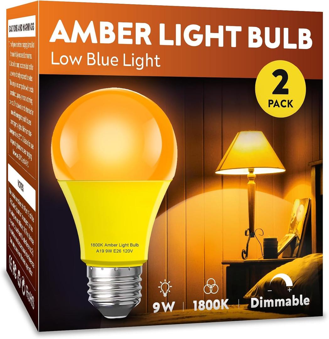 Amber Sleep Light Bulb 2 PackDimmable 1800K Warm Light Bulbs for Healthy Sleep,Blue Light Blocking,A19 9W(60W Equivalent) E26 Base Amber Light Bulbs for Bedroom, Baby Nursery Room