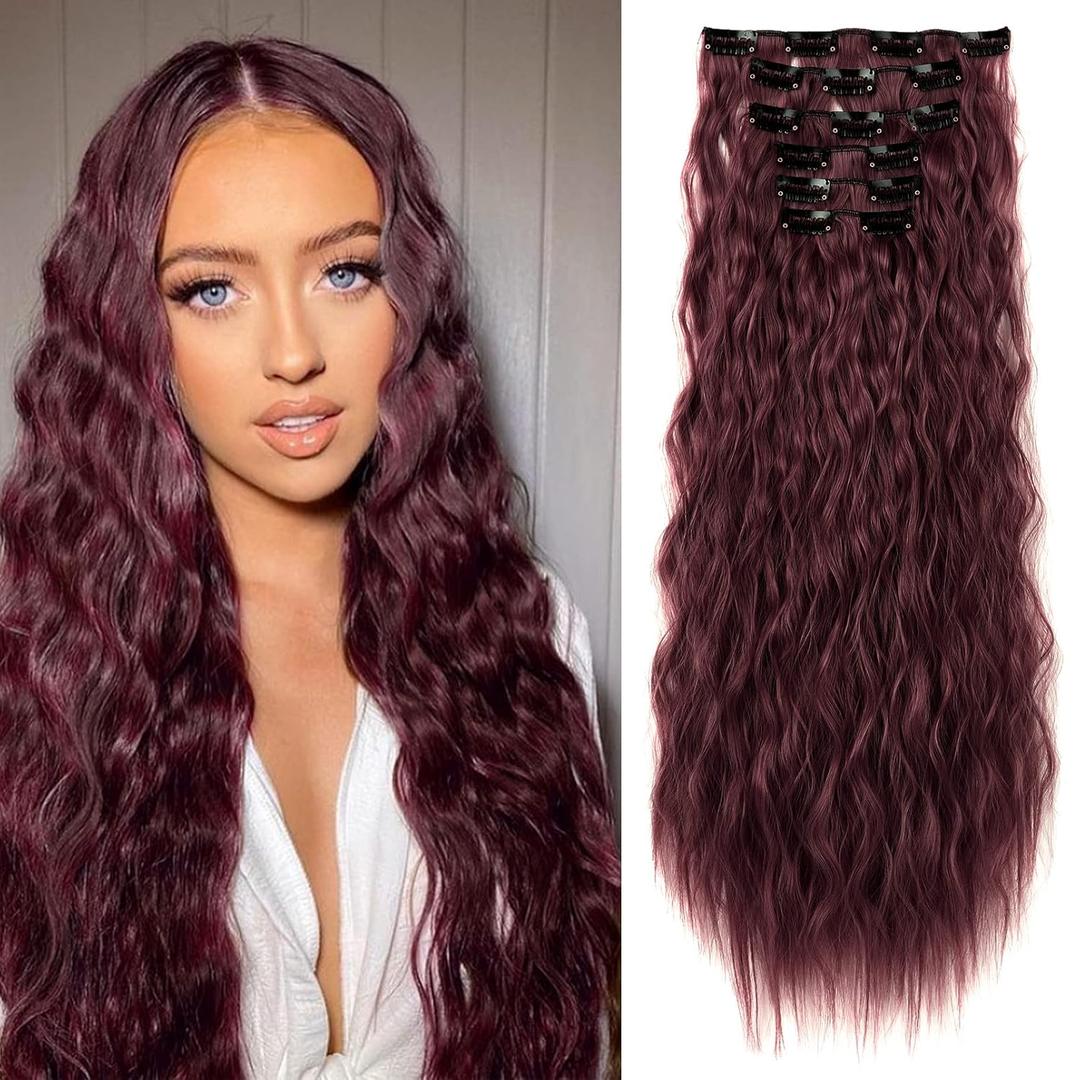 LONAI Clip In Hair Extensions, 6PCS Curly 24" Long Synthetic Clip On Hairpiece For Women-Burgunry