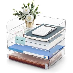 Desk Organizer and Storage,4-Tier Paper Letter Tray Organizers,Stackable Clear Desktop Organizer for Documents,Book Magazine Storage,Office Supplies, (Clear,4 Pack) (4 Count (Pack of 1))