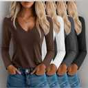 OakGarden 4 Pack Women's T-Shirts V Neck Long Sleeve Casual Tops Loose Fit Basic Layering Shirts Straight Hem Plain Soft Tees Large