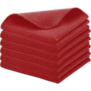 PurpleEssences Dish Cloths and Dish Rags - 6 Pack Waffle Weave Solid Kitchen Dish Wash Cloths, 100% Cotton, 12x12 Inches, Ultra Soft Absorbent Quick Drying - Spring Easter Summer - Red