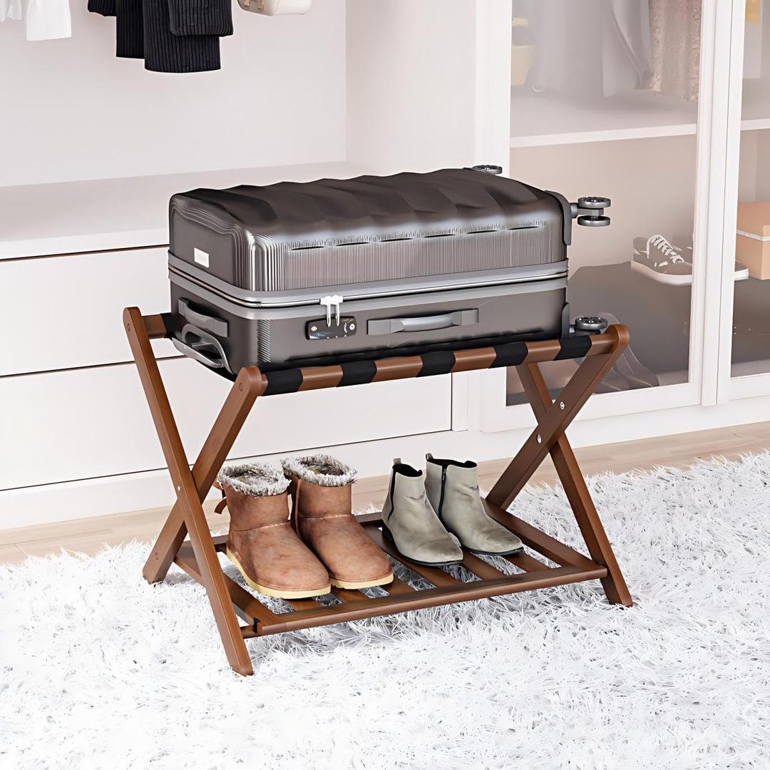 Fully Assembled Bamboo Luggage Rack, Walnut Folding Suitcase Stand with Shoe Shelf, Heavy-Duty Luggage Holder for Guest Room Must Haves, Bedroom, Hotel, 1 Pack