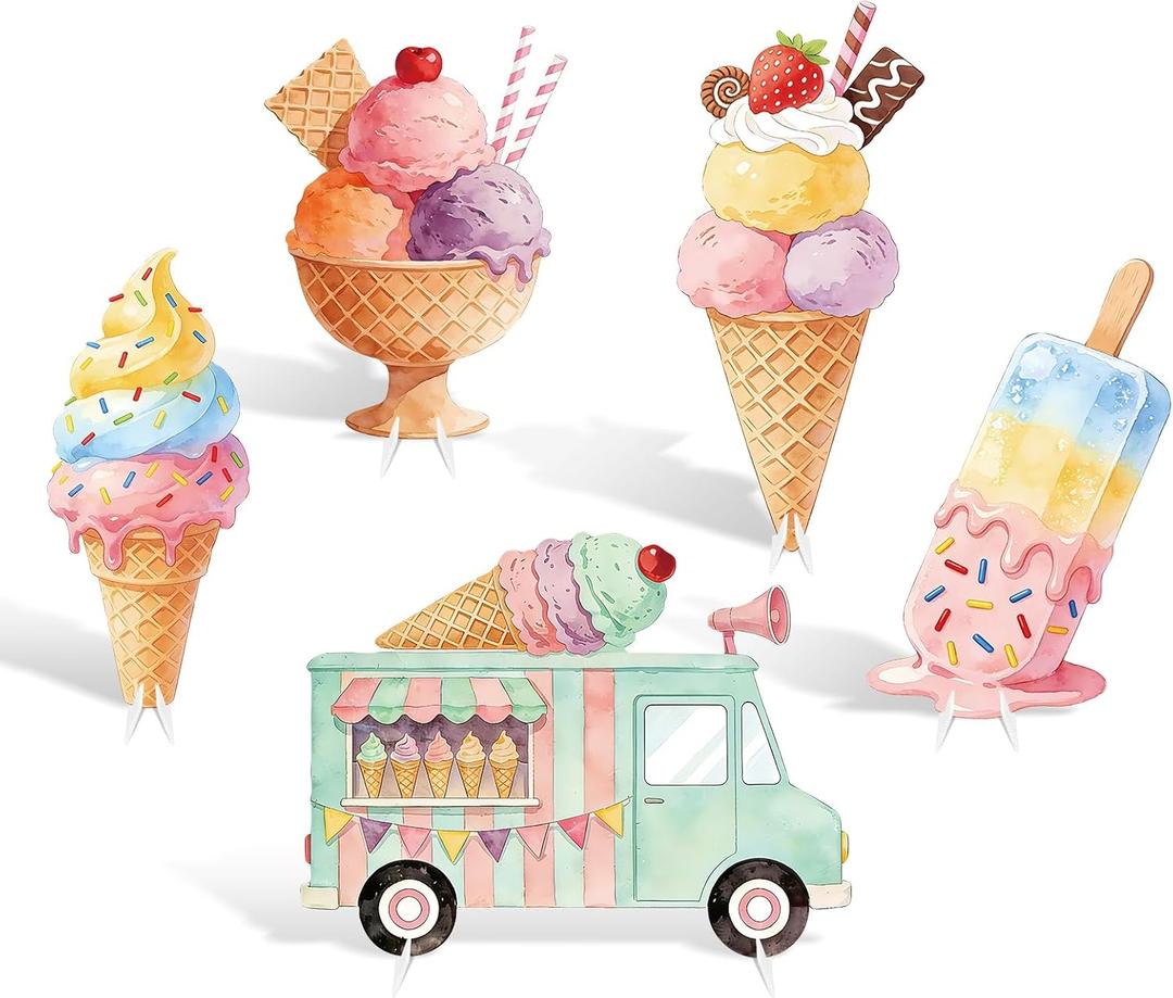 5 PCS 20" Ice Cream Cardboard Cutouts for Birthday Party Decorations, Large Sweet Theme Outdoor Yard Signs, Ice Cream Truck & Cone Standee for Candy Land Party Photo Booth Props Backdrop