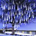 Christmas Lights Outdoor, Meteor Shower Lights Falling Star 12 inch 8 Tubes 144 LED Icicle Snow Falling Raindrop for Xmas Tree Halloween Party Decoration, UL Plug, White