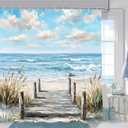 Blue Ocean Beach Shower Curtain, Coastal Oil Painting Summer Hawaiian Shower Curtains for Bathroom, Nautical Seaside Scenery Decor Fabric Shower Curtain Set with 12 Hooks 72X72IN