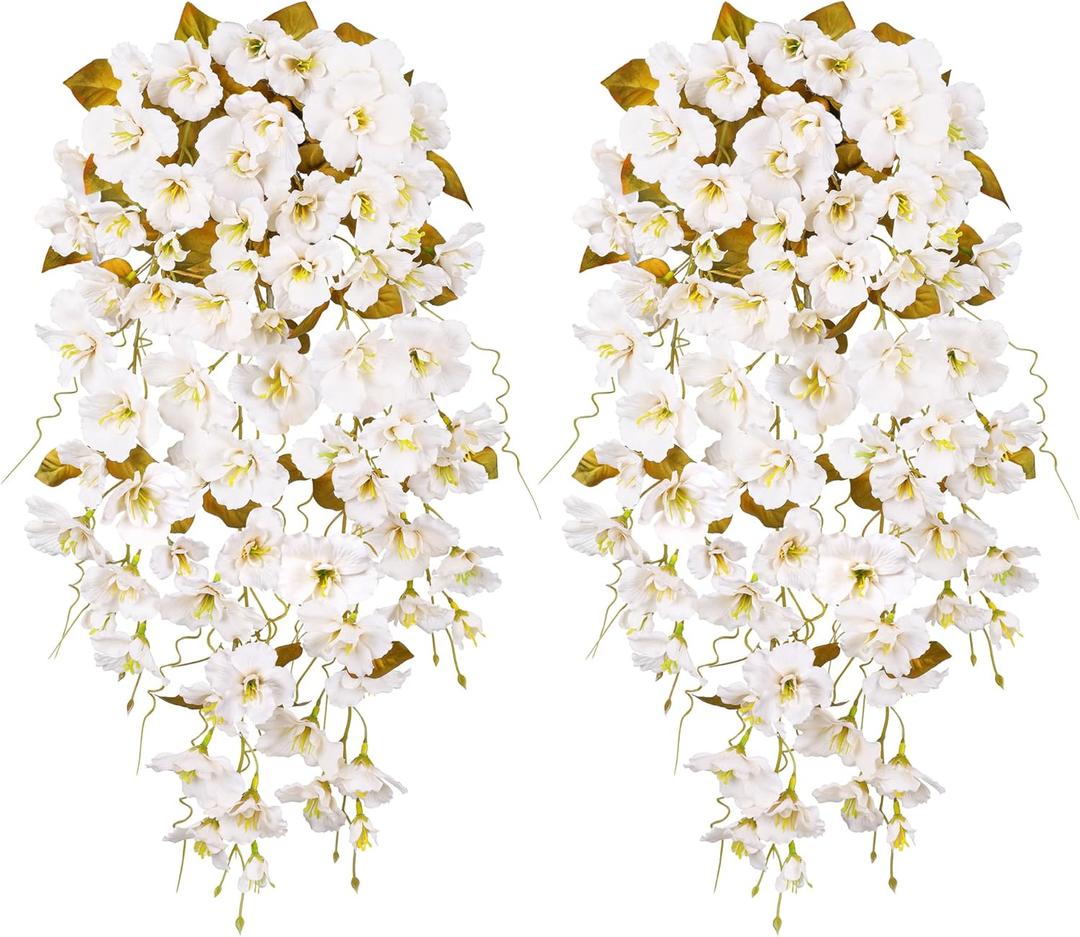 HyeFlora Hibiscus Fall Flowers Artificial Hanging Flowers Plants for Outdoors Autumn Decoration, 2pcs White Silk Hibiscus Vines Realistic UV Resistant Faux Flowers for Outside Planters Garden Indoor